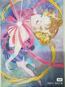 Blue's SAILOR MOON Tsukino Usagi henshin Hot Sexy Watercolor Painting