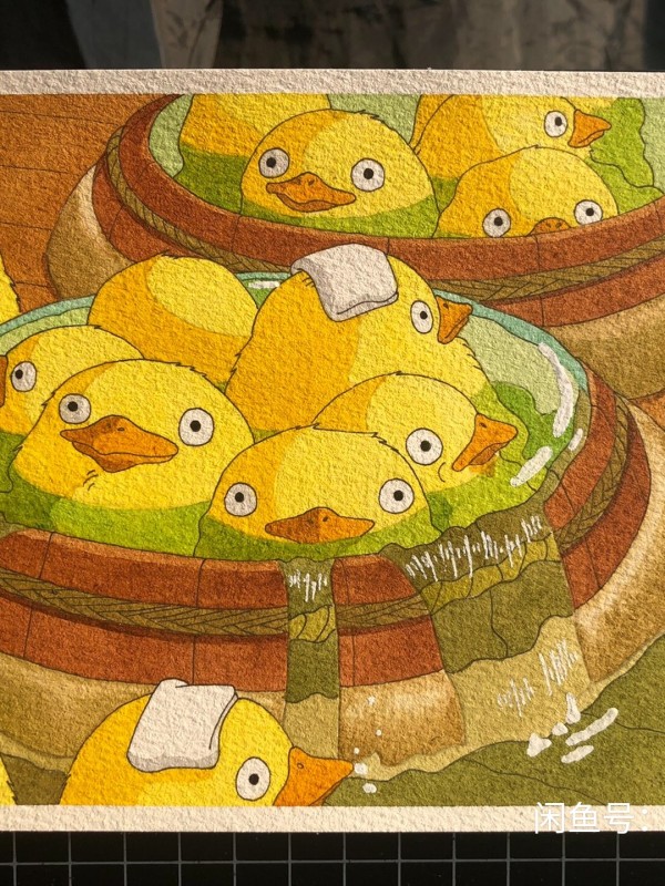 Little's Spirited Away yellow chicks bathing Watercolor Painting