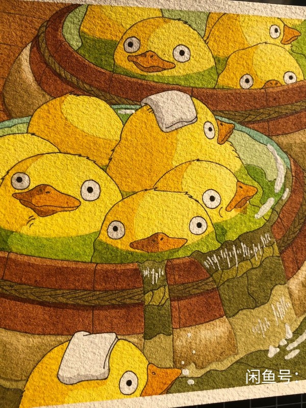 Little's Spirited Away yellow chicks bathing Watercolor Painting