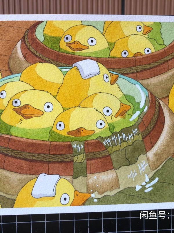 Little's Spirited Away yellow chicks bathing Watercolor Painting